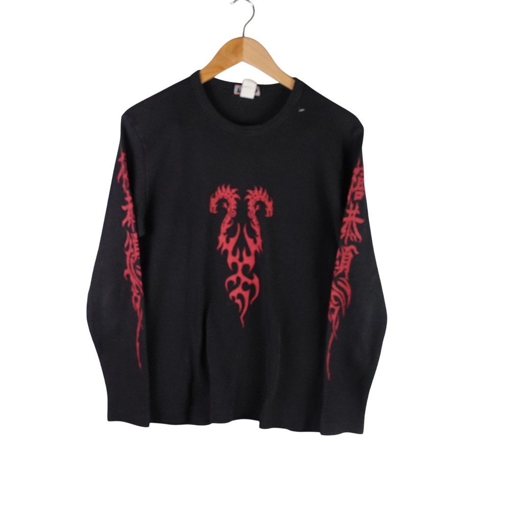 Vintage YMLA Mens M Black Waffle Knit Thermal Red Tribal Dragon Long Sleeve